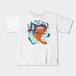 Bookish cat // orange tabby cat with tea mug teal neon red white and flesh coral books Kids T-Shirt